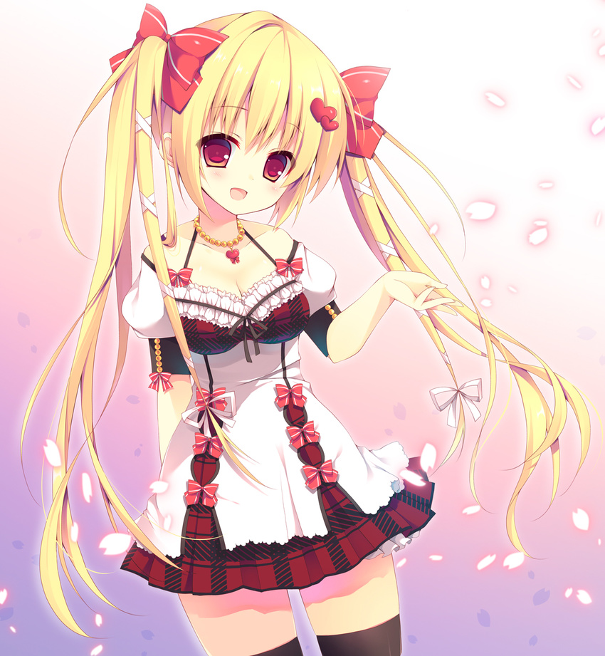 :d bangs black_legwear blonde_hair bow breasts cleavage cowboy_shot dress frills gradient gradient_background hair_bow hair_ornament hair_ribbon hairclip heart heart_hair_ornament heart_necklace highres izumiyuhina jewelry long_hair medium_breasts necklace open_mouth original petals plaid puffy_short_sleeves puffy_sleeves red_bow red_eyes ribbon short_dress short_sleeves smile solo thighhighs twintails underbust very_long_hair zettai_ryouiki
