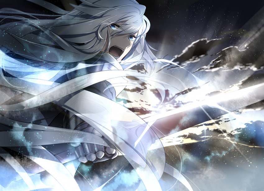 armor blue_eyes kai28 long_hair pixiv_fantasia stars sword weapon white_hair