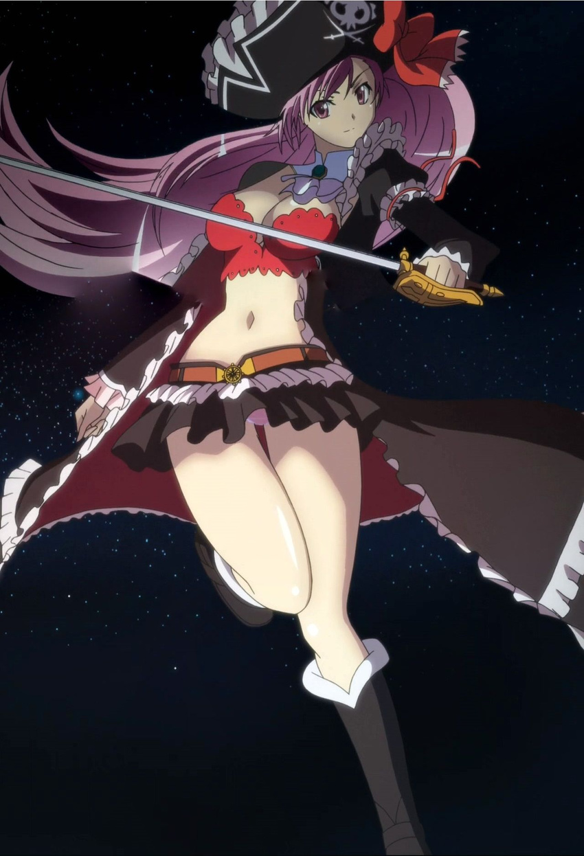 1girl bra breasts bustier captain_liliana hat highres large_breasts long_hair lost_worlds panties pantyshot pink_eyes pink_hair pink_panties pirate_hat queen's_blade queen's_blade queen's_blade_rebellion queen's_blade_vanquished_queens skirt solo sword thigh_gap underwear upskirt weapon