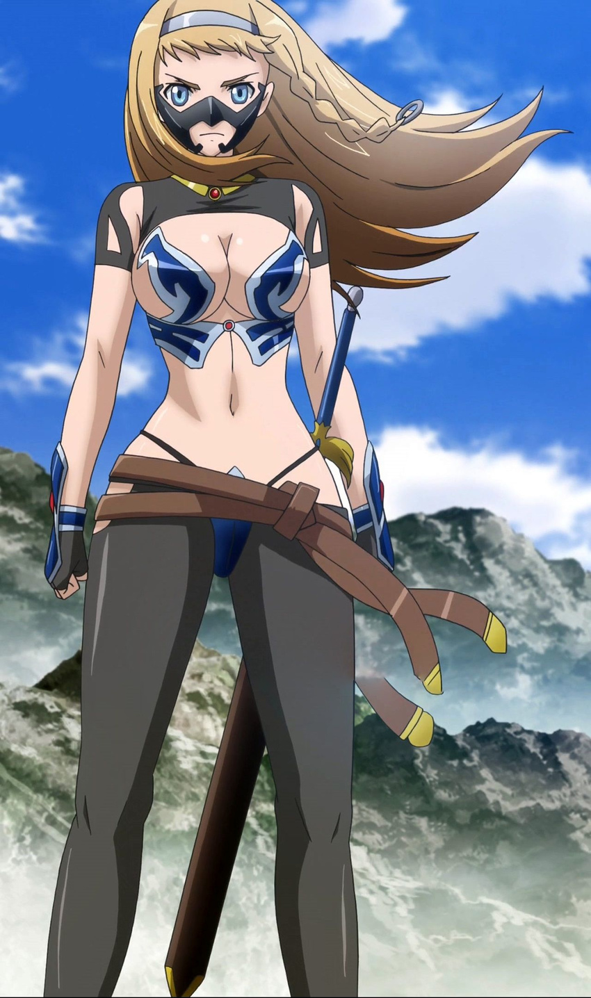 blonde_hair blue_eyes breasts highres large_breasts leina long_hair queen's_blade queen's_blade queen's_blade_rebellion queen's_blade_vanquished_queens screencap solo standing stitched