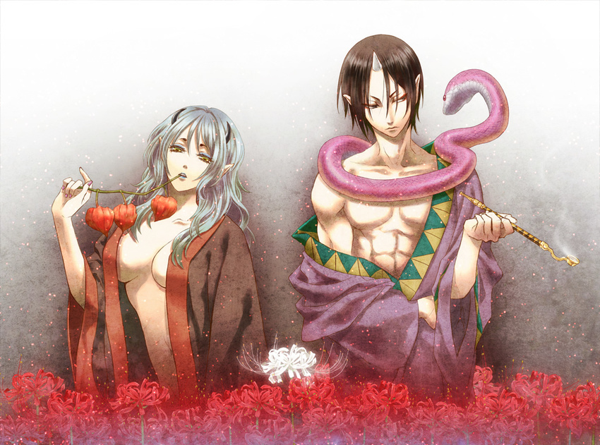 1girl abs animal animal_around_neck arm_at_side bangs bare_shoulders black_eyes black_hair blue_hair blue_lips breasts chest chinese_lantern_(plant) closed_mouth collarbone cosplay costume_switch eyelashes eyeliner eyeshadow flower green_hair grey_background grey_hair hair_down holding holding_pipe hoozuki_(hoozuki_no_reitetsu) hoozuki_no_reitetsu horn horns japanese_clothes kagami1007 kimono kiseru light_particles long_hair long_sleeves looking_at_viewer makeup medium_breasts nail_polish odd_one_out off_shoulder okou_(hoozuki_no_reitetsu) oni_horns open_clothes open_kimono parted_lips pipe plant pointy_ears red_flower red_nails sideways_glance smoke spider_lily upper_body white_flower wide_sleeves yellow_eyes