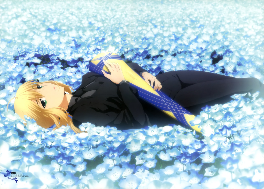 absurdres ahoge artoria_pendragon_(all) avalon_(fate/stay_night) blonde_hair fate/zero fate_(series) flower formal fujisaki_shizuka green_eyes highres long_hair long_sleeves looking_at_viewer lying necktie official_art on_back pant_suit ponytail saber scan sheath solo suit ufotable