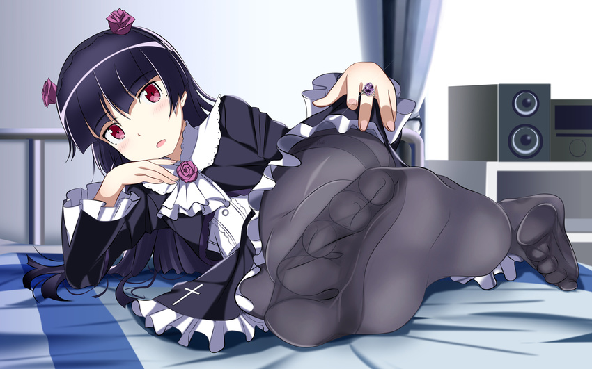 bed black_hair blush dress edogawakid gokou_ruri goth-loli lolita_fashion long_hair ore_no_imouto_ga_konna_ni_kawaii_wake_ga_nai pantyhose red_eyes