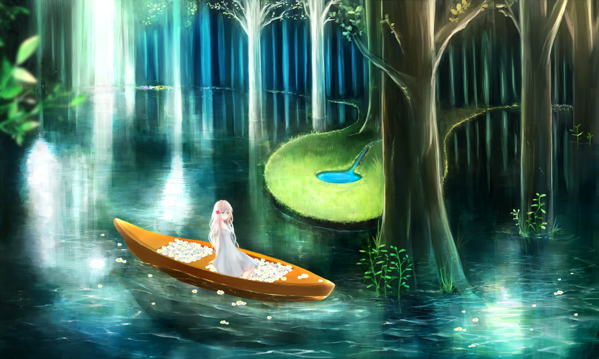 1girl blonde_hair blue_eyes boat dress flower long_hair mari_(marixrian) reflection scenery sitting solo tree water