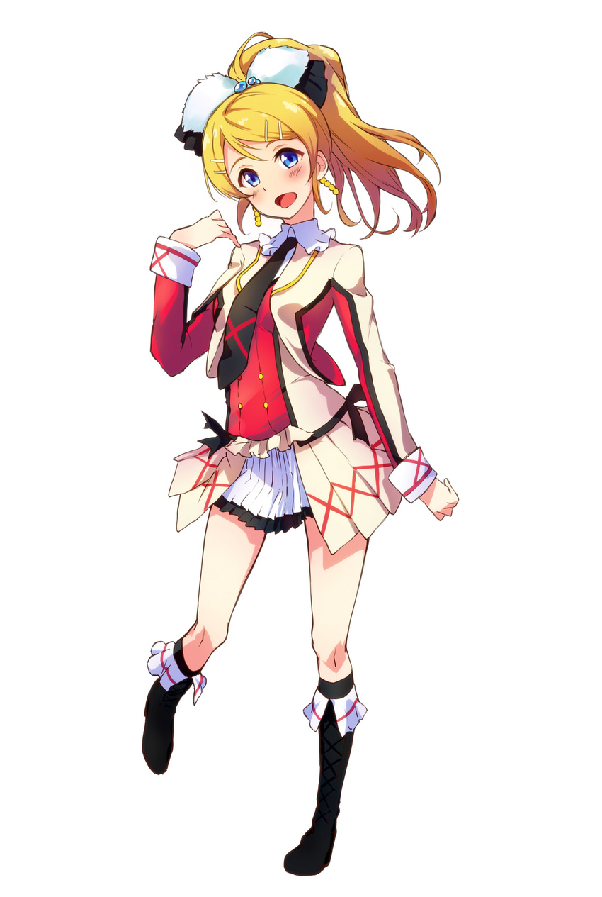 absurdres ayase_eli bad_id bad_pixiv_id blonde_hair blue_eyes boots cross-laced_footwear double-breasted earrings full_body hair_ornament hairpin highres jewelry lace-up_boots long_hair long_sleeves love_live! love_live!_school_idol_project necktie open_mouth ponytail simple_background skirt solo sore_wa_bokutachi_no_kiseki white_background ytk_(yutta-p)
