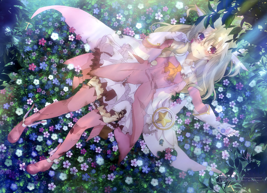 absurdres black_legwear blonde_hair blood blush boots burnt_clothes cape detached_sleeves fate/kaleid_liner_prisma_illya fate_(series) feathers field flower flower_field from_above gloves hair_feathers highres illyasviel_von_einzbern long_hair looking_at_viewer lying magical_girl magical_ruby official_art on_back parted_lips pink_feathers pink_footwear pink_legwear prisma_illya red_eyes scan skirt smile solo sunlight thighhighs torn_boots torn_clothes torn_legwear torn_skirt ushijima_nozomi white_gloves white_skirt