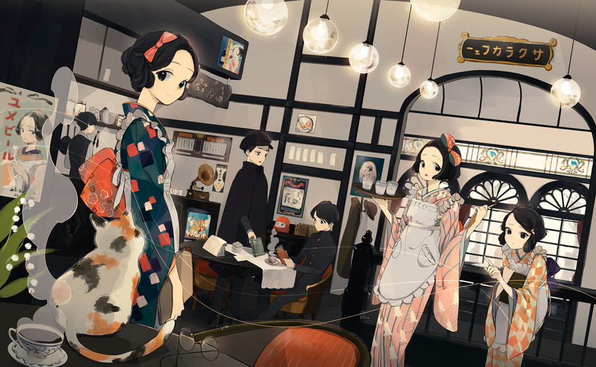 3girls alcohol apron beer beer_mug black_eyes black_hair book bow cafe calico cape cat chair coat_rack cup dutch_angle frying_pan gakuran glasses hair_bow hat indoors japanese_clothes kimono looking_at_viewer multiple_boys multiple_girls original phonograph poster_(object) reading restaurant school_uniform short_hair sign sitting steam table teacup toinana tray waitress window