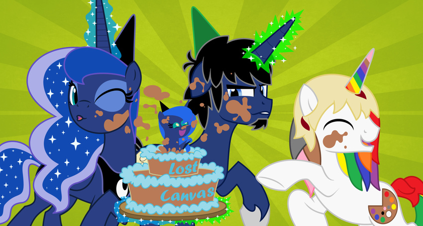 2014 cake equine evilfrenzy female food friendship_is_magic group horn horse male mammal my_little_pony original_character pony princess_luna_(mlp) smile unicorn winged_unicorn wings