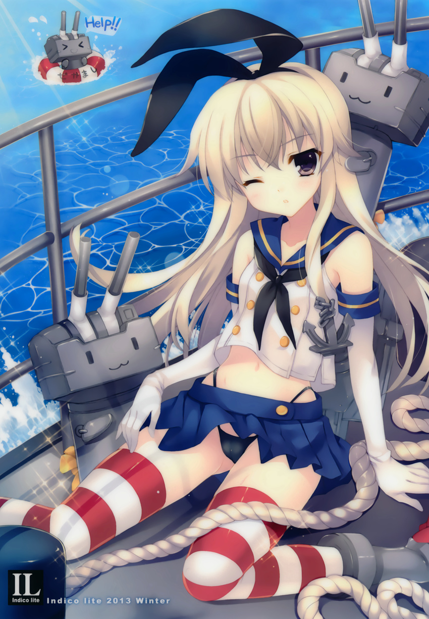 &gt;_&lt; :3 :d anchor_hair_ornament black_panties blonde_hair cannon closed_eyes crop_top crop_top_overhang elbow_gloves english gloves hair_ornament hair_ribbon highleg highleg_panties highres innertube kantai_collection machinery microskirt midriff mitha navel ocean open_mouth panties purple_eyes railing red_legwear rensouhou-chan ribbon robot rope school_uniform serafuku shimakaze_(kantai_collection) ship sitting skirt smile striped striped_legwear thighhighs turret underwear wariza water watercraft white_gloves wince xd |_|