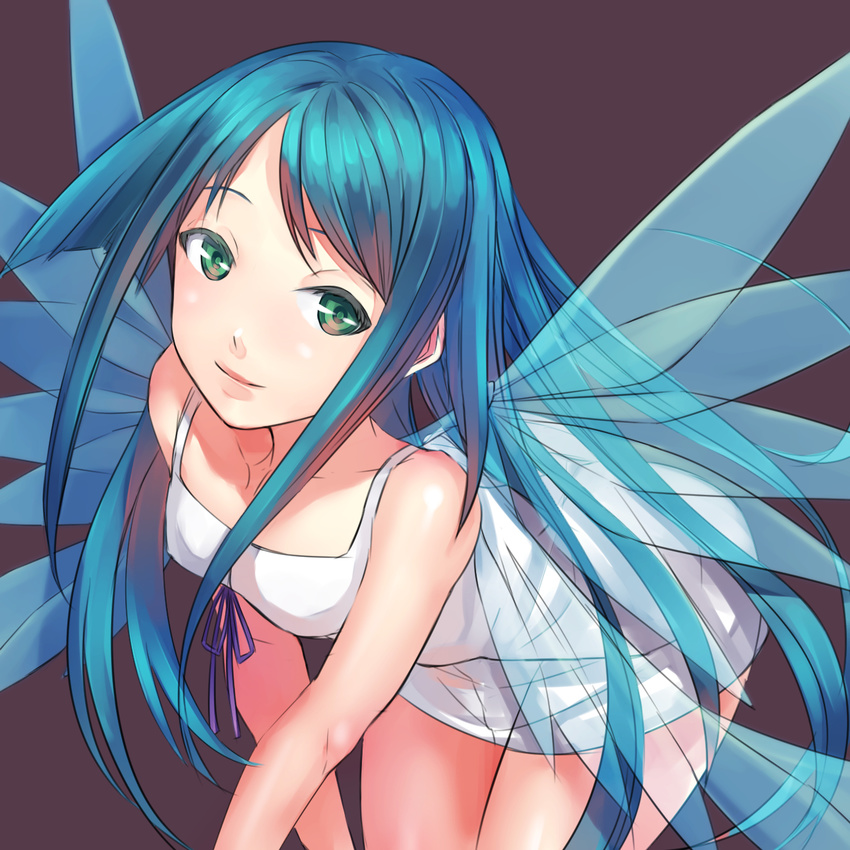 blue_hair dress green_eyes highres leaning_forward light_smile long_hair looking_at_viewer nanjyolno ribbon saya saya_no_uta sleeveless solo spaghetti_strap sundress very_long_hair white_dress wings