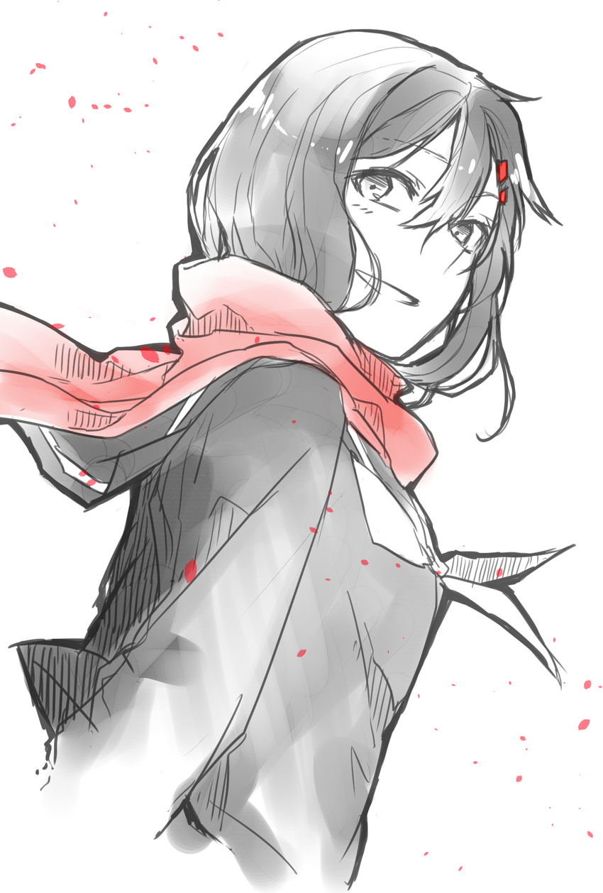 bad_id bad_pixiv_id black_hair hair_ornament hairclip highres kagerou_project long_hair petals red_scarf rubill scarf school_uniform sketch solo spot_color tateyama_ayano