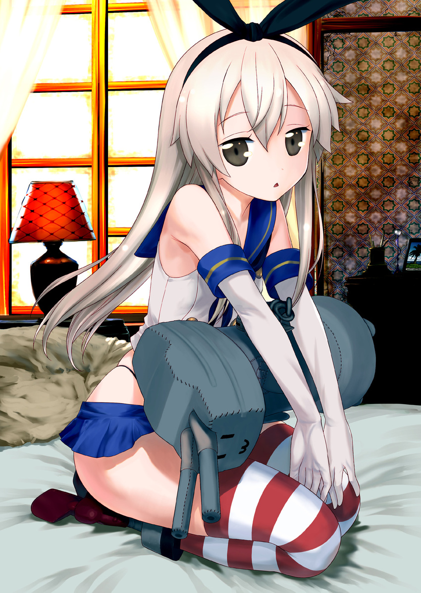 bed black_panties blonde_hair blush boots character_doll cushion elbow_gloves flat_chest gloves hair_ornament hairband hechi highleg highleg_panties highres kantai_collection lantern long_hair microskirt panties portrait_(object) rensouhou-chan sailor_collar shimakaze_(kantai_collection) sitting skirt striped striped_legwear thighhighs triangle_mouth underwear wariza white_gloves wide_hips window