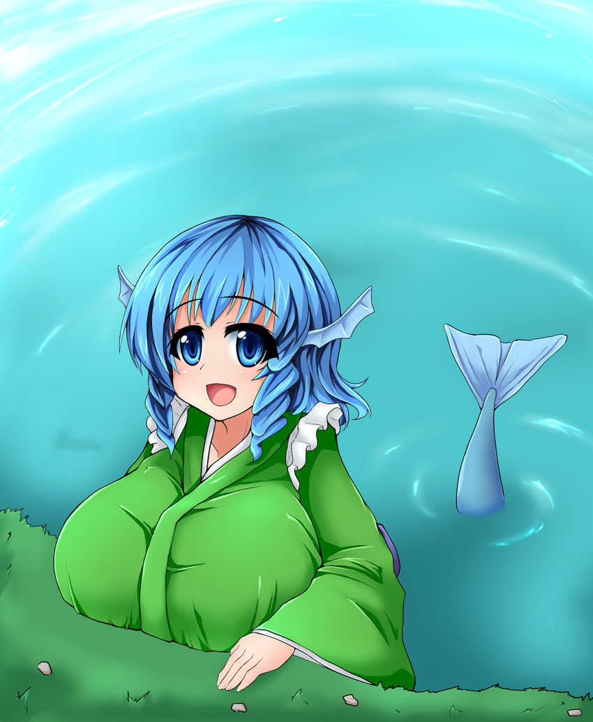 blue_eyes blue_hair breasts highres huge_breasts hydrant_(kasozama) mermaid monster_girl obi sash solo touhou wakasagihime water