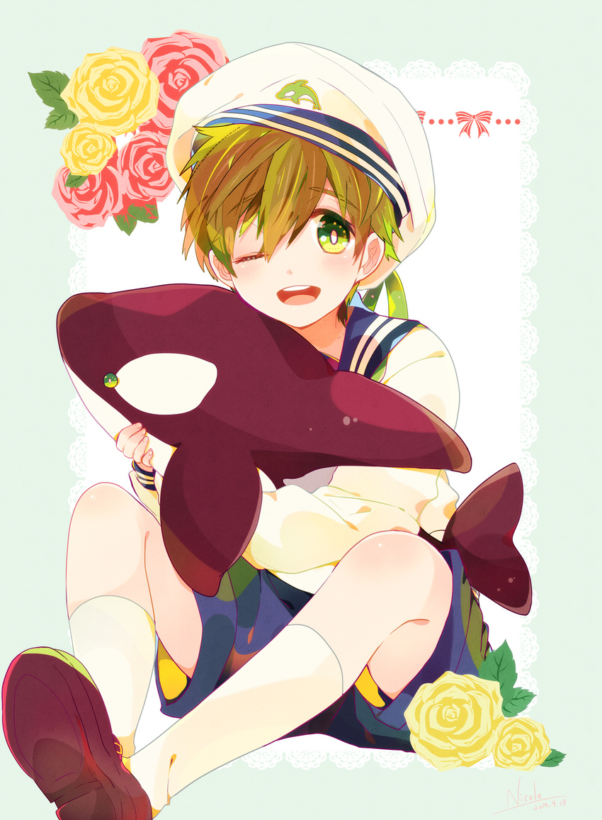 ;d bad_id bad_pixiv_id blush brown_hair child free! full_body green_eyes hat highres male_focus nicole_(usako) one_eye_closed open_mouth sailor sailor_hat smile solo tachibana_makoto younger