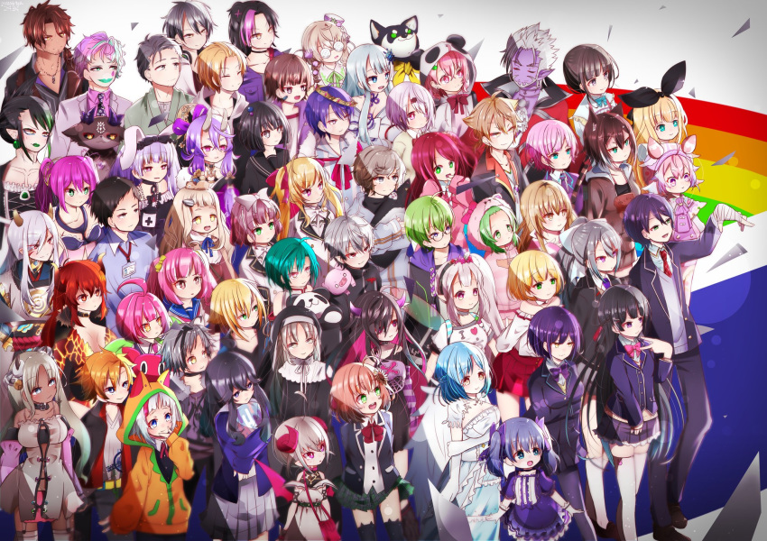 3others 6+boys 6+girls achikita_chinami ahoge akabane_youko amemori_sayo animal_ears asuka_hina azuchi_momo belmond_banderas black_eyes black_hair blue_eyes blue_hair bow brown_hair bunny_ears commentary crown debidebi_debiru doora_(nijisanji) elu_(nijisanji) everyone fumino_tamaki fushimi_gaku gilzaren_iii glasses green_eyes green_hair hair_bow hair_ornament hair_ribbon hairclip hanabatake_chaika harusaki_air hassaku_yuzu highres higuchi_kaede honma_himawari ienaga_mugi izumo_kasumi_(nijisanji) joe_rikiichi kanae_(nijisanji) kanda_shouichi kenmochi_touya kuroi_shiba kuzuha_(nijisanji) light_blue_eyes light_blue_hair looking_to_the_side machita_chima maimoto_keisuke makaino_ririmu masaru_suzuki moira_(nijisanji) mononobe_alice morinaka_kazaki multicolored_hair multiple_boys multiple_girls multiple_others nakao_azuma naruse_naru naruto_kogane nijisanji pink_hair purple_eyes rainbow red_eyes red_hair ribbon rindou_mikoto ryuushen sakura_ritsuki sasaki_saku secchakuzai setsuna_(nijisanji) shiba_inu shibuya_hajime shiina_yuika shizuka_rin silver_hair sister_cleaire suzuka_utako suzuya_aki takamiya_rion thighhighs todoroki_kyouko tsukimi_shizuku tsukino_mito umiyasha_no_kami ushimi_ichigo uzuki_kou virtual_youtuber white_hair yaguruma_rine yamiyono_moruru yashiro_kizuku yellow_eyes yumeoi_kakeru yuuhi_riri yuuki_chihiro