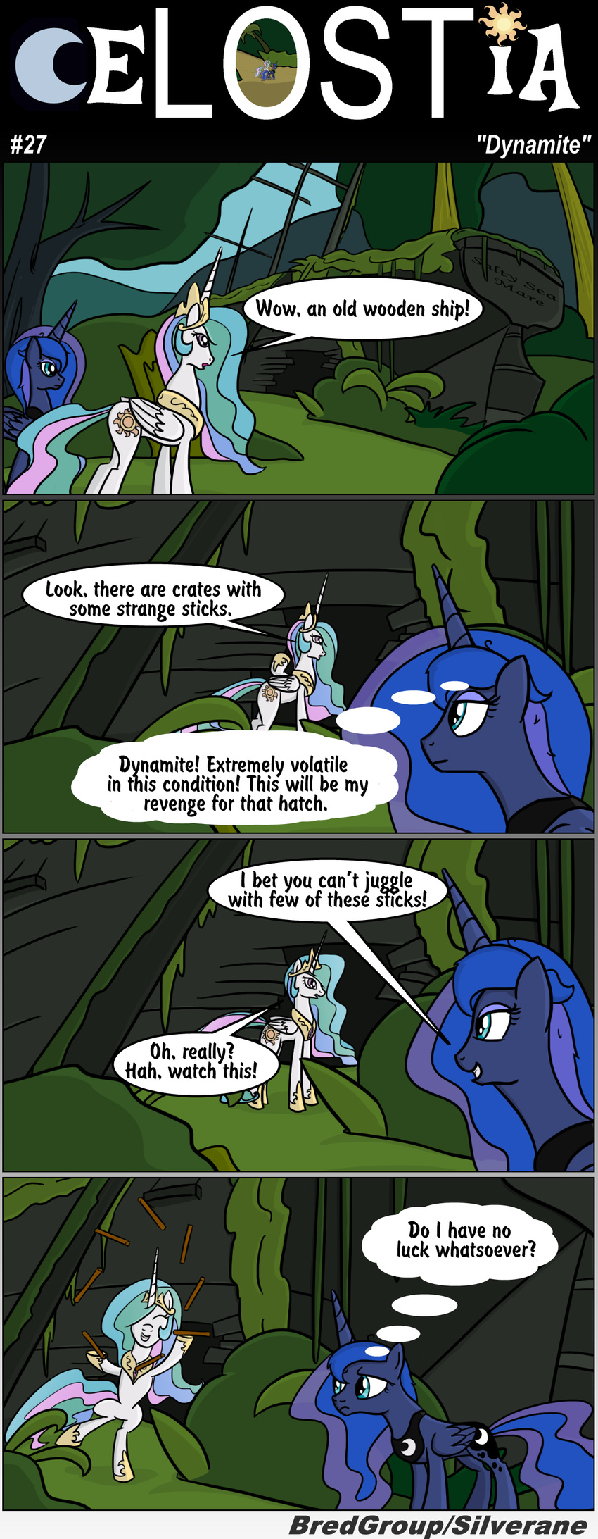 blue_fur blue_hair bredgroup comic crossover crown cutie_mark dynamite equine female feral friendship_is_magic fur hair horn horse juggling long_hair mammal multi-colored_hair my_little_pony pony princess_celestia_(mlp) princess_luna_(mlp) purple_eyes royalty ship sibling silverane sisters teal_eyes winged_unicorn wings