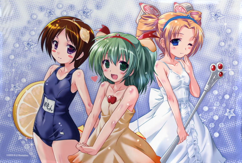 :3 :d ;) apple apple_slice blonde_hair blue_eyes blush_stickers brown_hair collarbone dress drill_hair food food_themed_hair_ornament fruit green_eyes green_hair hair_ornament highres komatsu_eiji lemon lemon_hair_ornament lemon_slice liptan multiple_girls name_tag one-piece_swimsuit one_eye_closed open_mouth original purple_eyes school_swimsuit short_hair sleeveless sleeveless_dress smile standing sundress swimsuit twin_drills