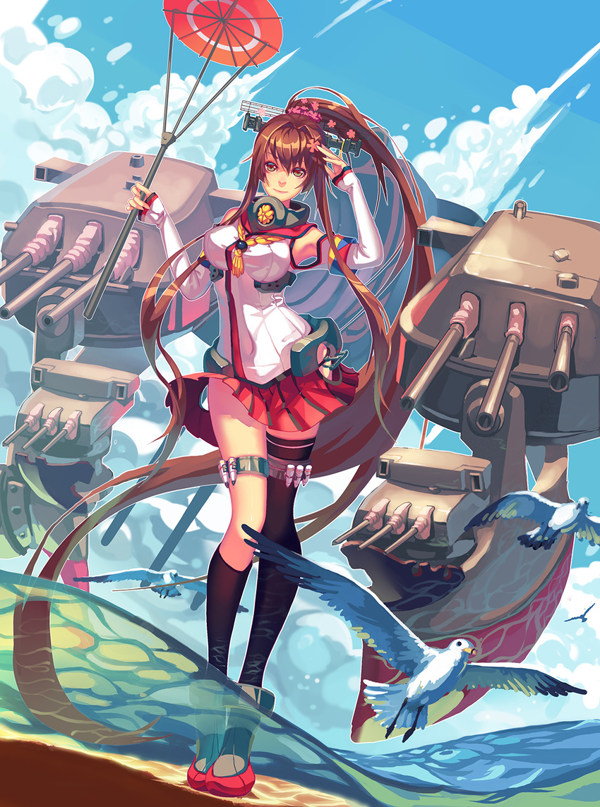 absurdly_long_hair bird breasts brown_eyes brown_hair detached_sleeves full_body hair_ornament highres kantai_collection large_breasts long_hair looking_at_viewer madyy oriental_umbrella ponytail single_thighhigh skirt solo thighhighs umbrella very_long_hair wading water yamato_(kantai_collection)