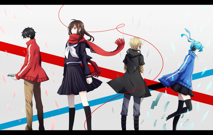 2girls aqua_hair black_hair blonde_hair brown_hair cellphone ene_(kagerou_project) green_hair hair_ornament hairclip headphones hood hoodie kagerou_project kano_shuuya kisaragi_shintarou long_hair modoromi multiple_boys multiple_girls phone red_eyes red_scarf scarf school_uniform serafuku smartphone tateyama_ayano thighhighs twintails