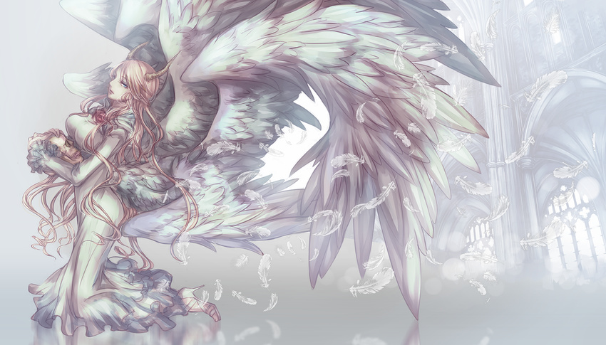 angel_wings blue_eyes brown_hair dress feathers horns kneeling long_hair multiple_wings pixiv_fantasia pixiv_fantasia_new_world skull spi_ce wings