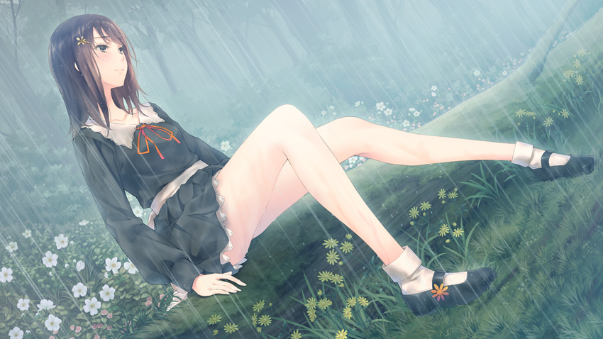 black_eyes brown_hair flowers flowers_(game) game_cg innocent_grey long_hair rain ribbons seifuku shirahane_suou skirt sugina_miki water