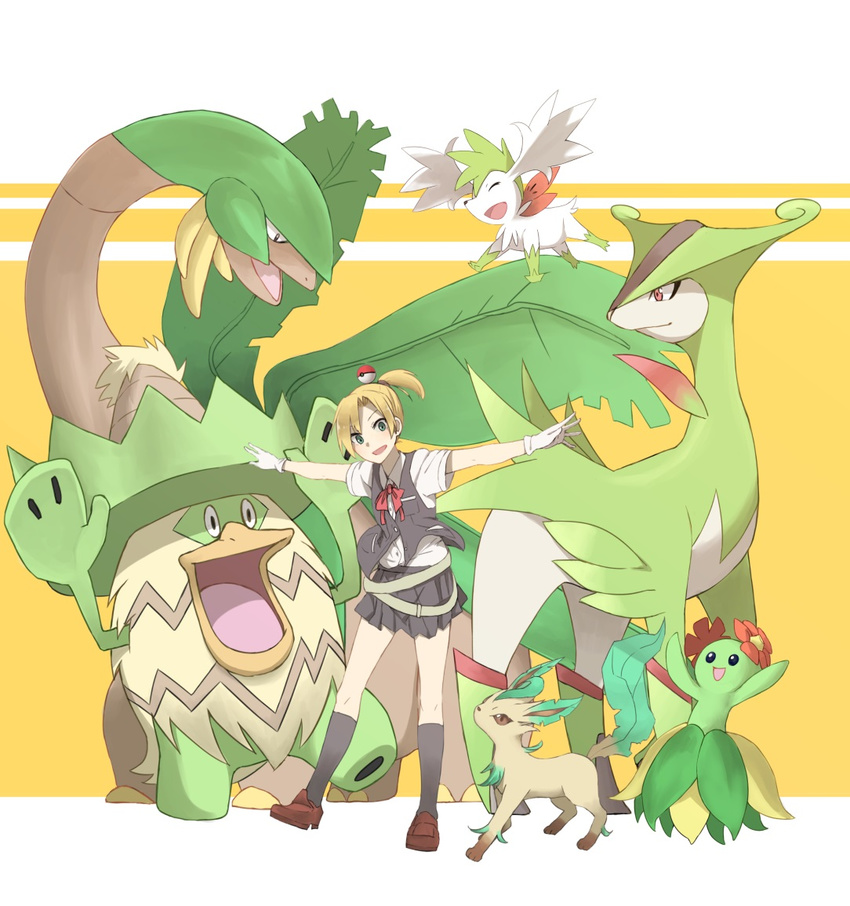 bellossom blonde_hair crossover dress_shirt gen_2_pokemon gen_3_pokemon gen_4_pokemon gen_5_pokemon gloves kantai_collection leafeon legendary_pokemon looking_at_viewer ludicolo maikaze_(kantai_collection) open_mouth outstretched_arms pokeblock pokemon pokemon_(creature) ponytail shaymin shirt short_hair skirt smile tropius tsukamoto_minori vest virizion white_gloves