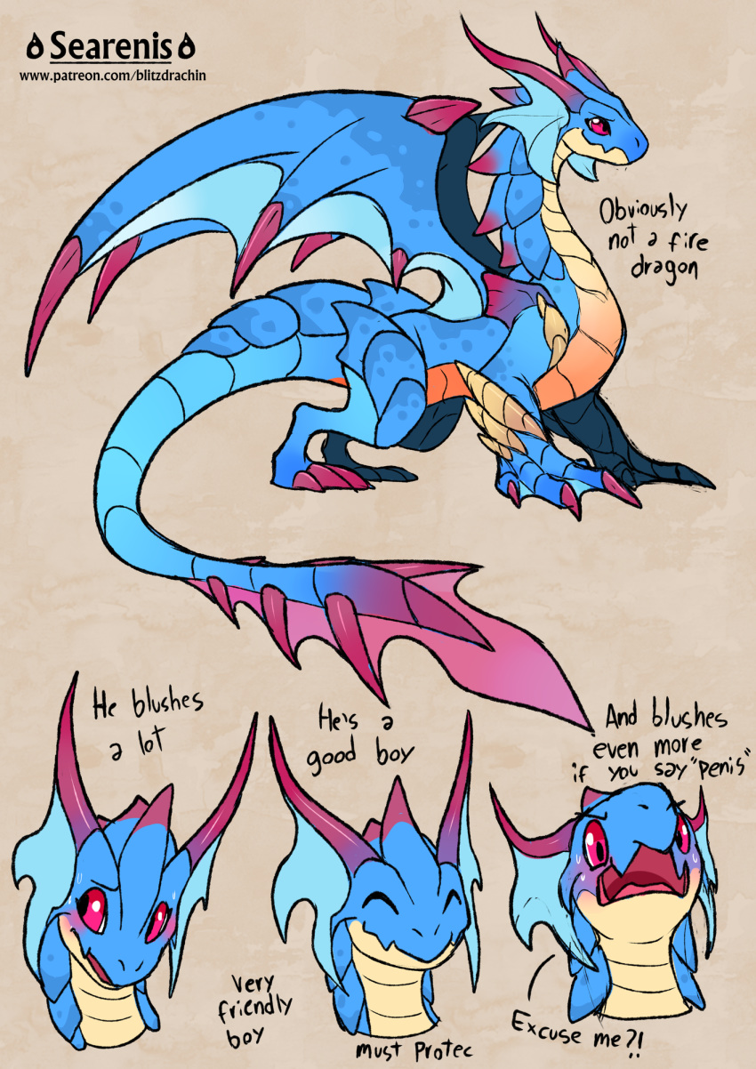 aquatic_dragon big_dragon blitzdrachin blue_scales blush claws dragon feral fin happy male nervous patreon scales wings
