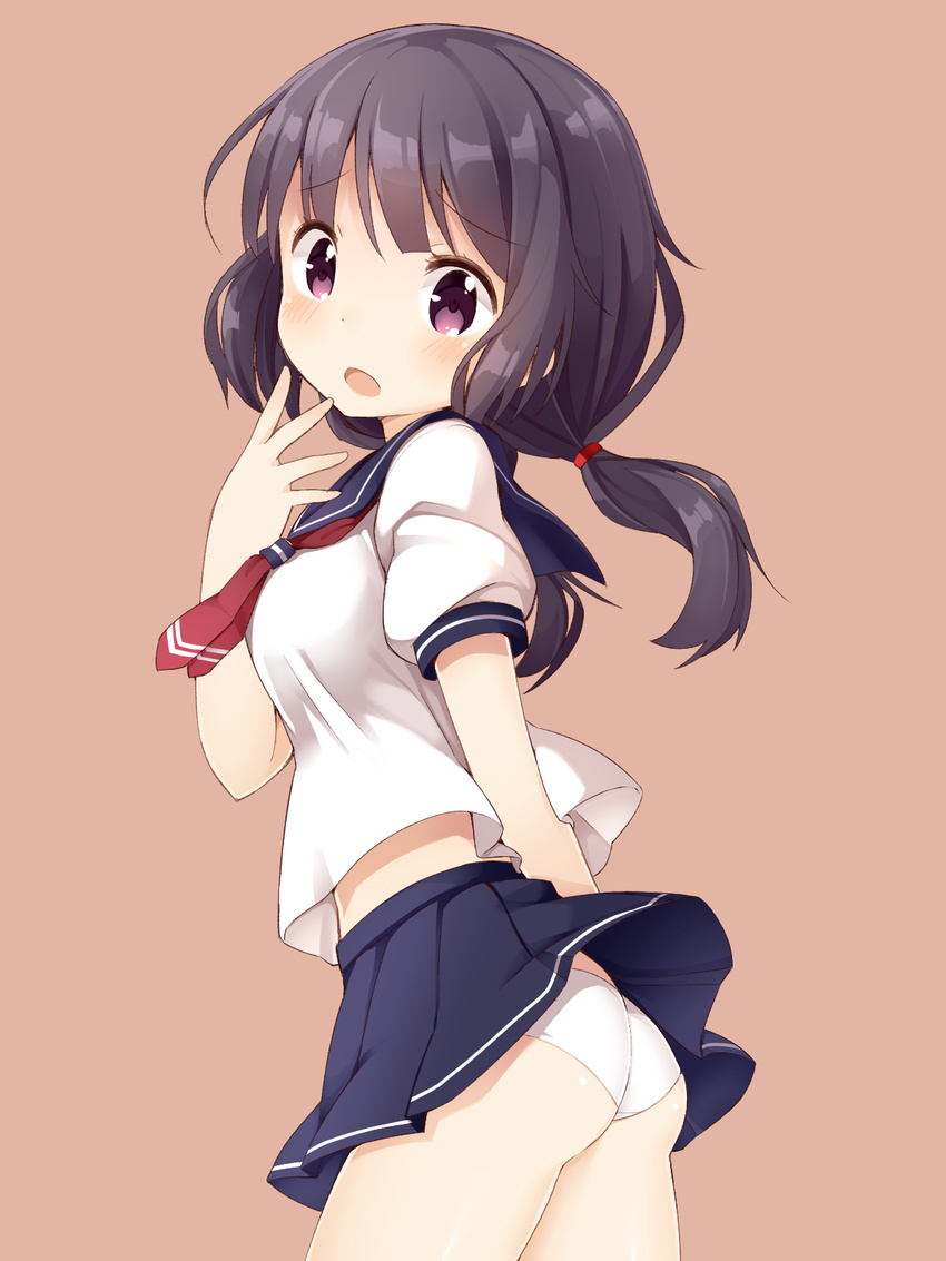 ass black_hair blush highres long_hair looking_at_viewer looking_back midriff muku_(muku-coffee) open_mouth original panties pantyshot pleated_skirt purple_eyes school_uniform serafuku shiny shiny_skin simple_background skirt skirt_lift solo twintails underwear upskirt white_panties wind wind_lift