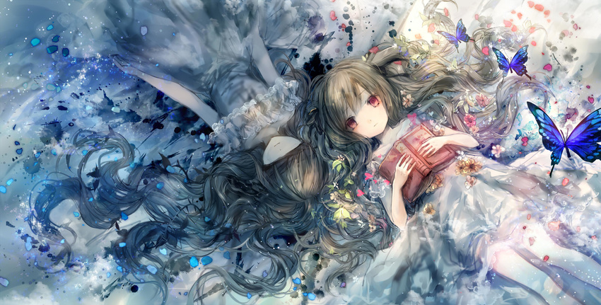 book brown_hair butterfly dress long_hair onineko original petals red_eyes