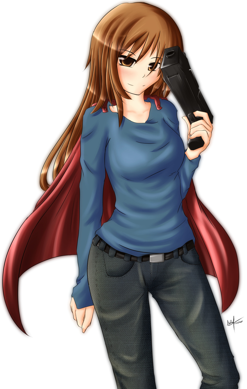 absurdres artist_name bangs belt blush brown_eyes brown_hair cape collarbone cowboy_shot fingernails genderswap gun highres holding i_wanna_be_the_guy imkyonyuu long_hair looking_at_viewer pants red_cape sidelocks smile solo the_kid transparent_background weapon