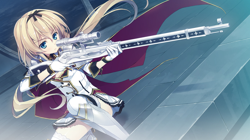 blonde_hair blue_eyes cape effordom_soft game_cg gloves gun headband jyukishi_cutie_bullet long_hair sara_tefal seifuku thighhighs weapon yuuki_hagure