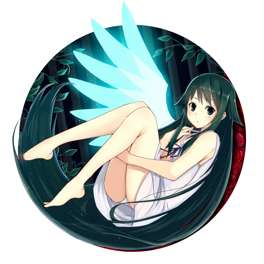 barefoot blue_eyes dress full_body glowing glowing_wings green_hair highres koga_rejini long_hair looking_at_viewer open_mouth panties pantyshot plant saya saya_no_uta sleeveless solo spaghetti_strap sundress underwear very_long_hair vines white_dress white_panties wings