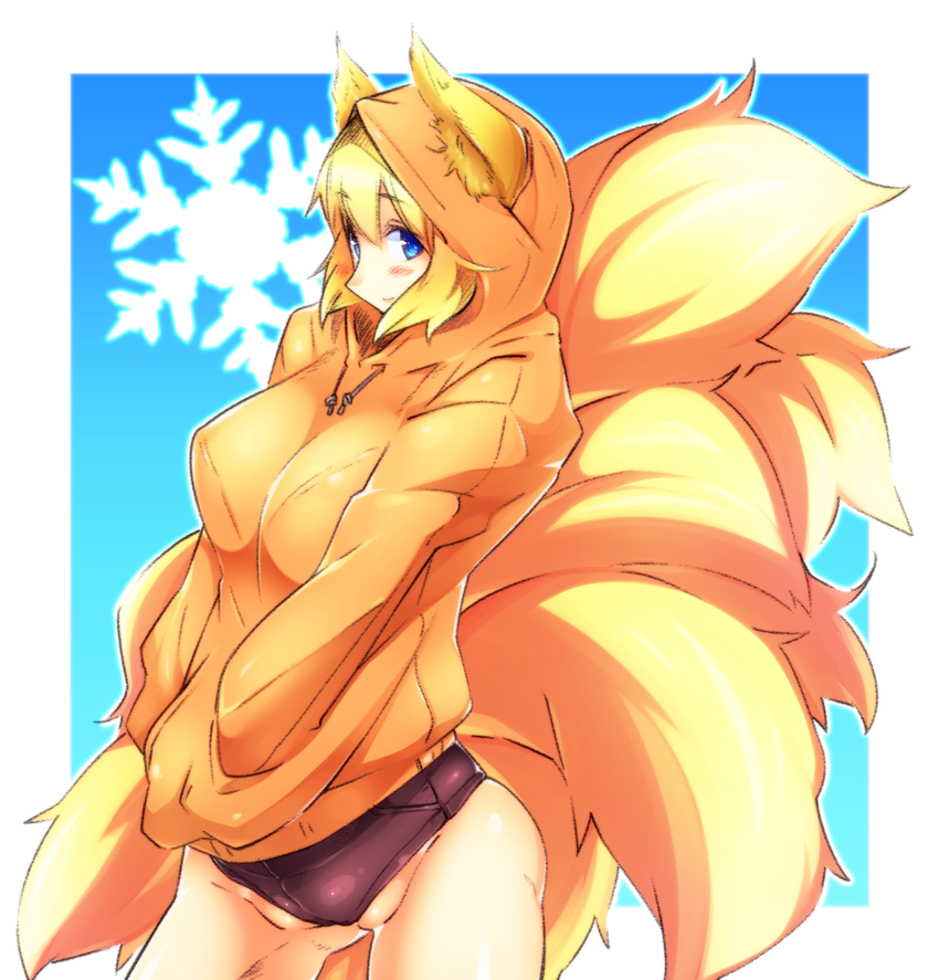 animal_ears bare_legs blonde_hair blue_eyes breasts cameltoe ears_through_headwear fox_ears fox_tail hands_in_pockets highres hood hooded_jacket jacket kaminari large_breasts light_smile looking_at_viewer looking_to_the_side multiple_tails panties solo tail thighs touhou underwear yakumo_ran