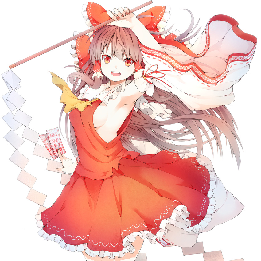arm_up armpits ascot blush bow breasts brown_hair detached_sleeves gohei hair_bow hair_tubes hakurei_reimu highres long_hair looking_at_viewer medium_breasts mikoma_sanagi no_bra ofuda open_mouth red_eyes revision sideboob simple_background skirt smile solo touhou white_background