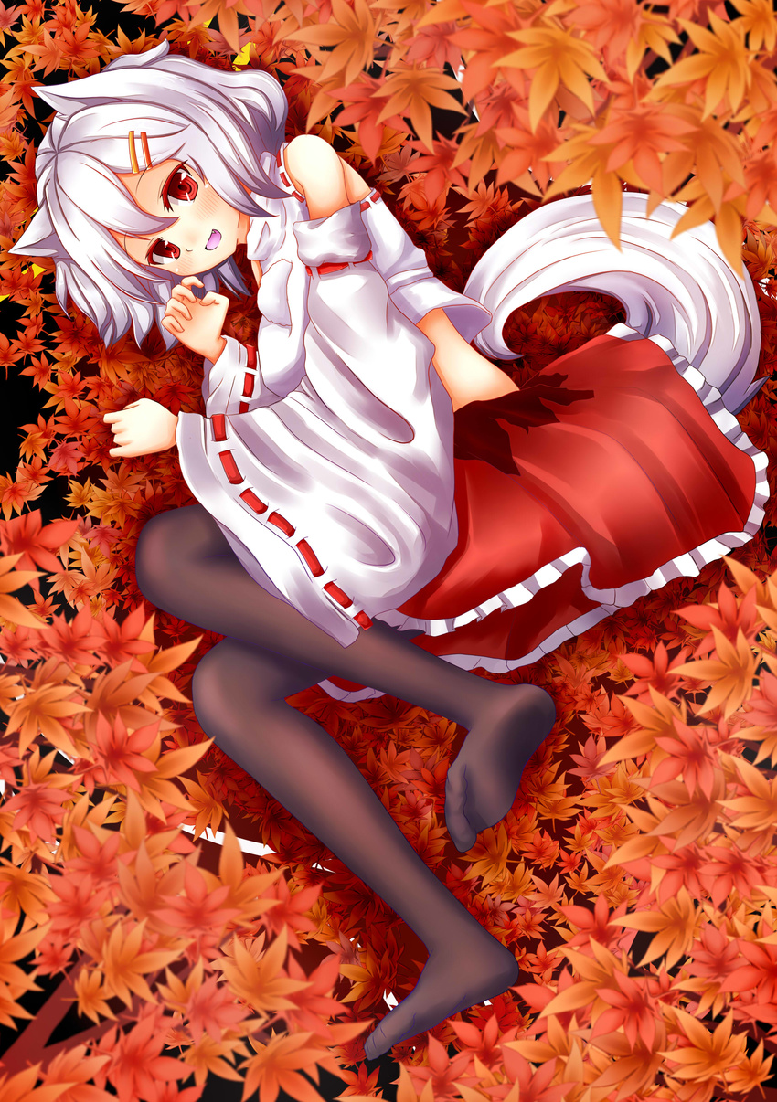 absurdres animal_ears autumn_leaves banned_artist bare_shoulders black_legwear blush breasts detached_sleeves fangs hair_ornament happy hat highres inubashiri_momiji large_breasts legs looking_at_viewer midriff oohirakeisuke open_mouth pantyhose pom_pom_(clothes) red_eyes shirt short_hair silver_hair skirt smile solo tail tokin_hat touhou wolf_ears wolf_tail