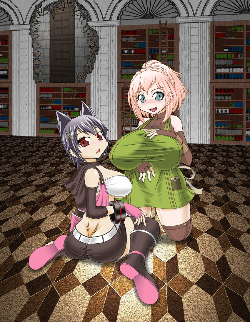 2girls animal_ears aqua_eyes arm_warmers artist_request ass bare_shoulders black_hair blush boots braid breasts cat_ears come_hither daiba_canon dress elbow_gloves fingerless_gloves from_behind gloves god_eater god_eater_2 god_eater_2:_rage_burst hair_ornament hairclip huge_breasts katsuki_nana kneeling kouzuki_nana long_hair looking_at_viewer looking_back looking_over_shoulder midriff multiple_girls naughty_face open_mouth pink_hair ponytail red_eyes short_hair short_shorts shorts sideboob single_braid sitting sleeveless sleeveless_dress smile thighhighs tubetop turtleneck underboob vest wariza