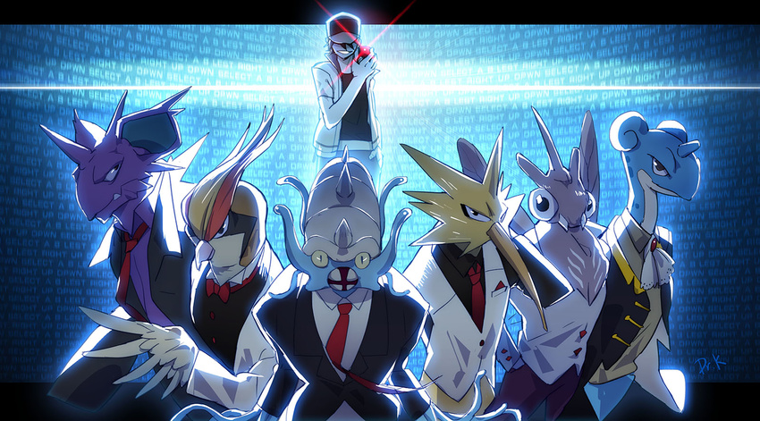 artist_name background_text bad_id bad_pixiv_id black_jacket black_shirt black_vest blue_background bow bowtie breast_pocket brooch clothed_pokemon collared_shirt cravat dr.k english facing_viewer formal furry gen_1_pokemon hand_in_pocket hat_over_eyes highres holding holding_poke_ball jacket jewelry lapras letterboxed lineup long_sleeves looking_at_viewer necktie nidoking omastar open_clothes open_jacket outside_border pidgeot pocket poke_ball poke_ball_(generic) pokemon pokemon_(creature) pokemon_(game) pokemon_rgby purple_shirt red_(pokemon) red_neckwear shirt smirk suit the_end_(phrase) twitch_plays_pokemon venomoth vest wall_of_text white_shirt white_vest wing_collar zapdos