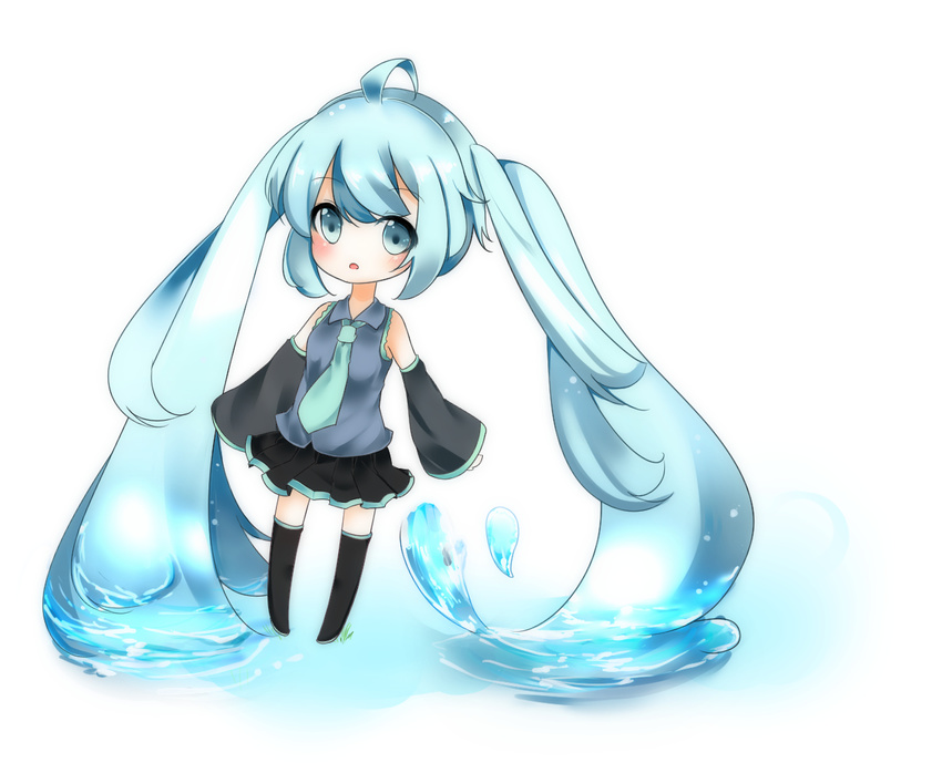 ahoge aqua_eyes aqua_hair chibi detached_sleeves hatsune_miku long_hair necktie oumi_hi skirt solo thighhighs twintails very_long_hair vocaloid water white_background