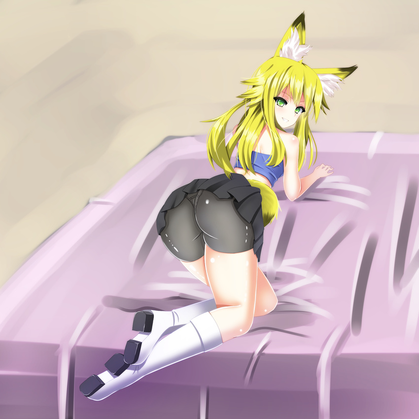 1girl all_fours animal_ears ass bare_shoulders bike_shorts blonde_hair boots female fosamaguna fox_ears fox_tail from_behind green_eyes grin highres kokonoe_tsubaki long_hair looking_at_viewer looking_back looking_over_shoulder panties pantyshot shiny shiny_clothes shiny_hair shiny_skin skirt smile solo tail tubetop underwear upskirt