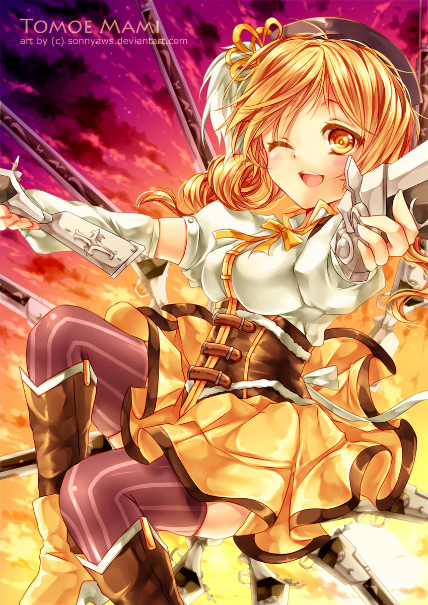 absurdres beret blonde_hair breasts character_name cloud drill_hair gloves hat highres long_hair magical_girl mahou_shoujo_madoka_magica medium_breasts sky smile solo sonnyaws sun sunset thighhighs tomoe_mami twin_drills twintails watermark web_address yellow_eyes