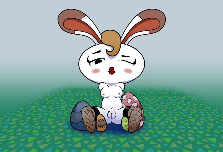 absurd_res blargsnarf breasts brown_hair easter easter_egg egg female fishnet hair hi_res holidays lagomorph lipstick looking_at_viewer mammal nintendo nipples pussy rabbit short_hair solo tiffany_(animal_crossing) video_games