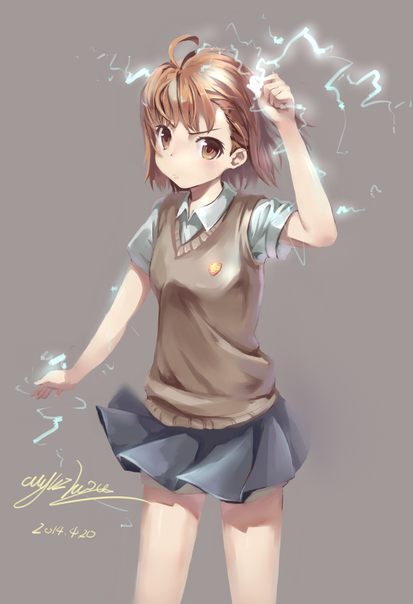 biribiri brown_eyes brown_hair electricity highres misaka_mikoto school_uniform short_hair shorts to_aru_kagaku_no_railgun to_aru_majutsu_no_index zhongye_yu