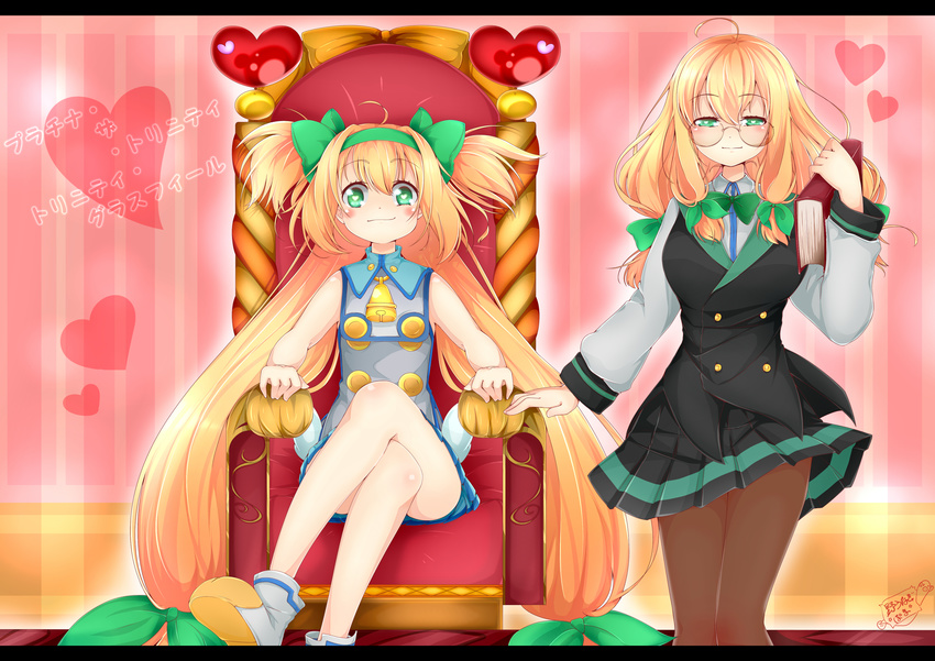 2girls absurdres arc_system_works artist_request blazblue blonde_hair blush book boots bow breasts chair dress glasses green_eyes hair_bow hair_ribbon hairband heart heart-shaped_pupils highres legs_crossed light_smile long_hair looking_at_viewer miniskirt multiple_girls pantyhose platinum_the_trinity quad_tails ribbon shirt skirt smile symbol-shaped_pupils throne translation_request trinity_glassfield very_long_hair
