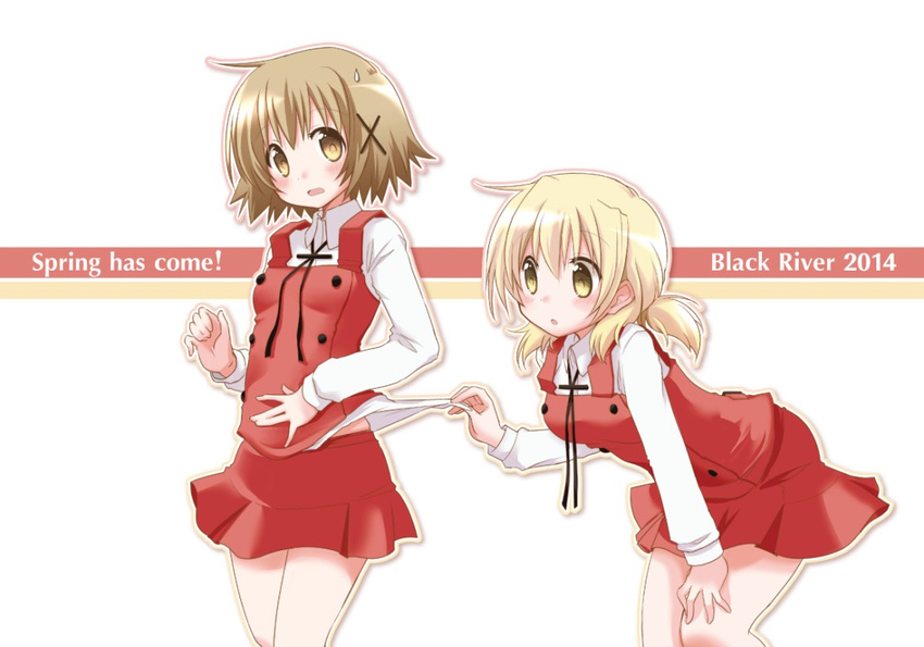2girls :o blonde_hair blush bolo_tie brown_eyes brown_hair circle_name dated dress_shirt english hair_ornament hairclip hand_on_own_knee hidamari_sketch leaning_forward long_sleeves looking_at_another low_ponytail miyako multiple_girls number open_mouth outline ponytail quro_(black_river) school_uniform shirt shirt_grab short_hair short_ponytail simple_background skirt standing sweatdrop vest white_background yellow_eyes yuno