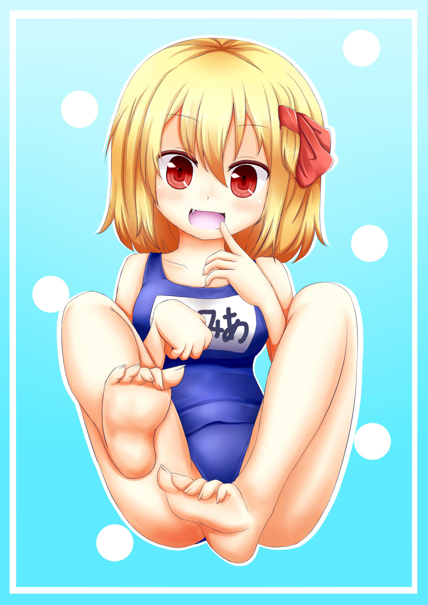 absurdres banned_artist bare_legs barefoot blonde_hair blush breasts fang hair_ribbon highres medium_breasts name_tag one-piece_swimsuit oohirakeisuke open_mouth red_eyes ribbon rumia school_swimsuit short_hair smile solo swimsuit touhou