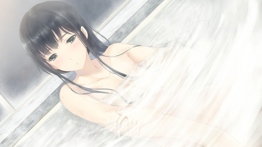 1girl bath bathroom bathtub black_eyes black_hair blush breasts censored convenient_censoring flowers_(game) highres innocent_grey long_hair looking_down nude sitting small_breasts solo steam water wet