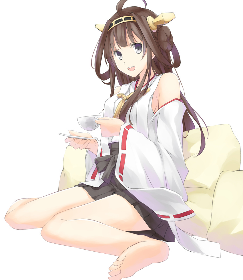 ahoge bare_shoulders barefoot brown_hair cup detached_sleeves double_bun grey_eyes hairband headgear highres japanese_clothes kantai_collection kongou_(kantai_collection) leyte long_hair looking_at_viewer nontraditional_miko sitting smile solo teacup wariza