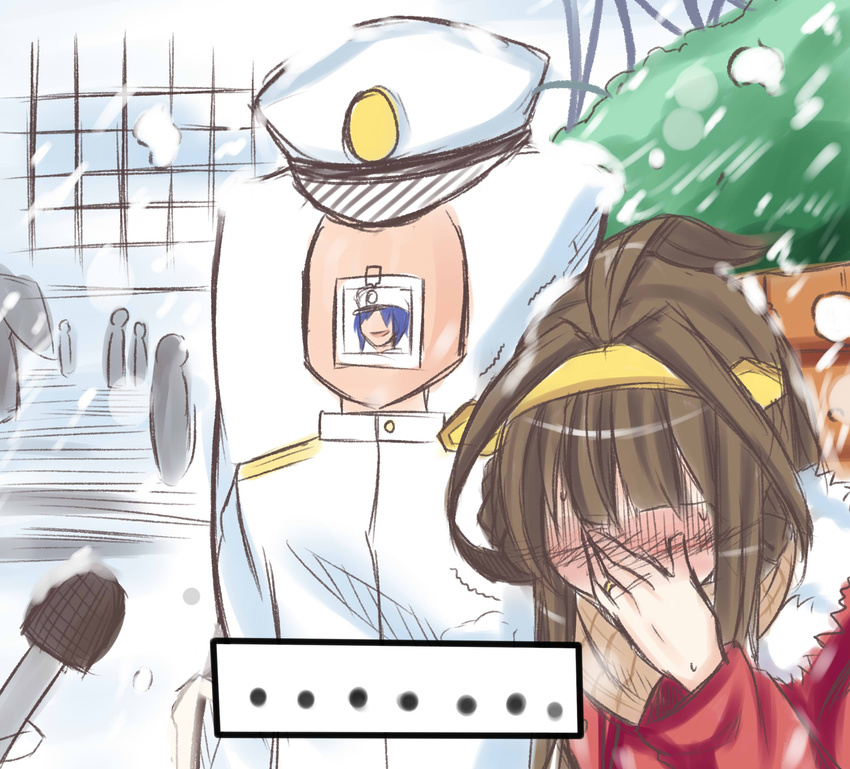 1girl admiral_(kantai_collection) ahoge bare_shoulders brown_hair comic dakimakura_(object) detached_sleeves facepalm hairband hasaya highres japanese_clothes jewelry kantai_collection kongou_(kantai_collection) lonely long_hair meme microphone photo_(object) pillow ring solo special_feeling_(meme) wedding_band