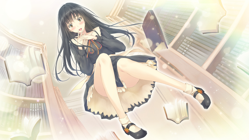 1girl black_hair blush book feet flowers_(game) highres innocent_grey legs library long_hair looking_down open_mouth orange_eyes school_uniform shoes socks solo surprised thighs