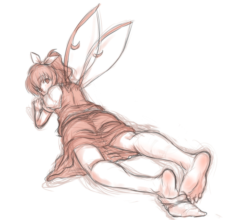 barefoot blush bow daiyousei dress fairy feet from_behind full_body hair_bow highres kuro_suto_sukii looking_at_viewer looking_back lying monochrome on_stomach short_hair side_ponytail simple_background single_sock sketch socks soles solo toes touhou undressing white_background wings